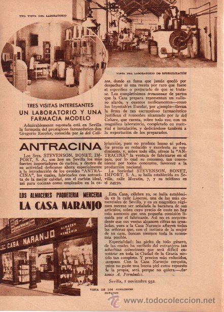 Coleccionismo de Revistas y Peri&oacute;dicos: FARMACIA DEL COLISEO. STEVENSON, BONET, IMPPORT. CASA NARANJO. SEVILLA. 1933. HOJA DE REVISTA.