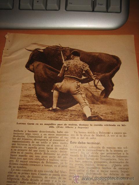 Collection Magazines and Newspapers: TOROS LORENZO GARZA EN UN PASE DE MULETA EN MERIDA HOJA DE REVISTA 1934