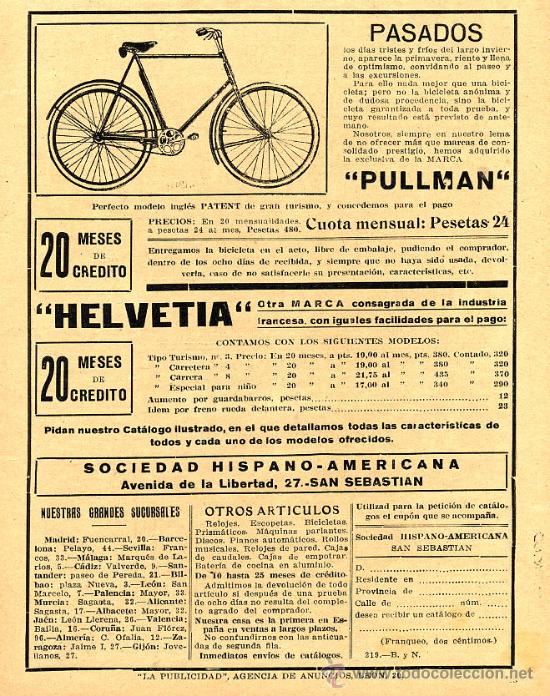 Coleccionismo de revistas y peri&oacute;dicos: CICLISMO 1923 BICICLETAS PULLMAN HELVETIA HOJA REVISTA