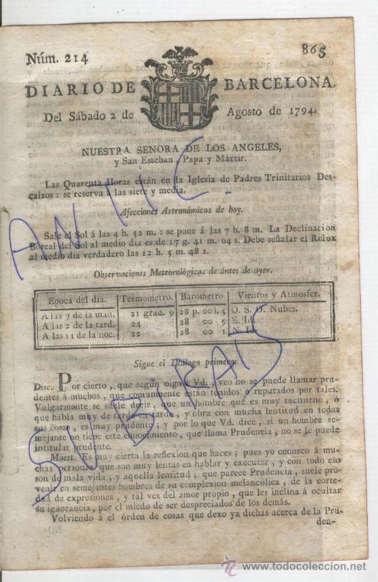 Coleccionismo de revistas y peri&oacute;dicos: DIARIO BARCELONA 1794 SANT PERE PESCADOR GUERRA CONTRA FRANCIA DEL ROSELLON DE LOS PIRINEOS