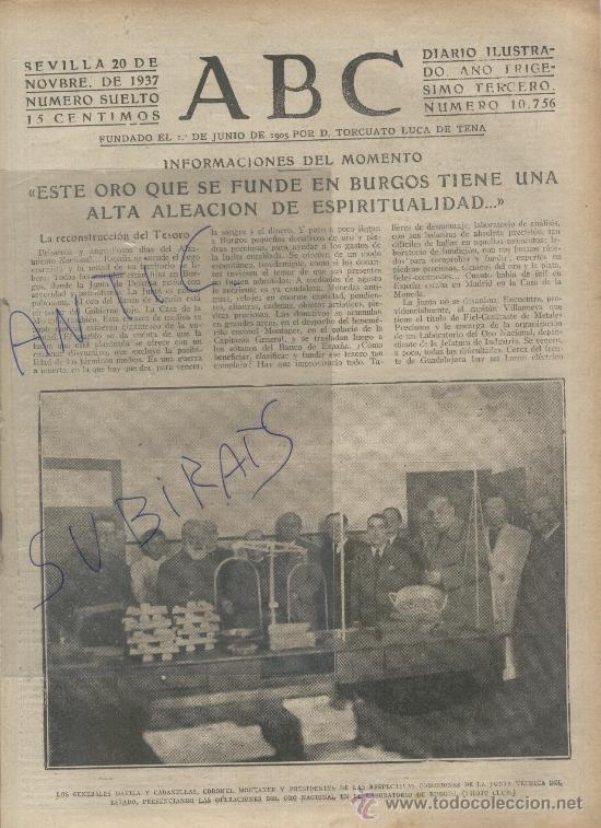 Coleccionismo de Revistas y Peri&oacute;dicos: ABC.GUERRA CIVIL.A&Ntilde;O 1937.FUNDICION DE ORO EN BURGOS.MEDALLA MILITAR.BATALLON DE FLANDES.PAMPLONA.