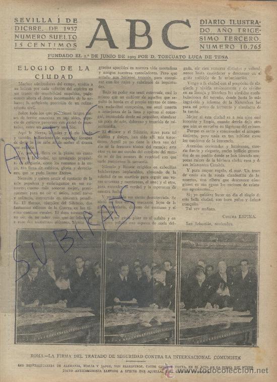Coleccionismo de Revistas y Peri&oacute;dicos: ABC.GUERRA.1937.INTERNACIONAL COMUNISTA.RIBBENTROP.MUTILACION.VIRGEN DE LOS DESAMPARADOS.VALENCIA.