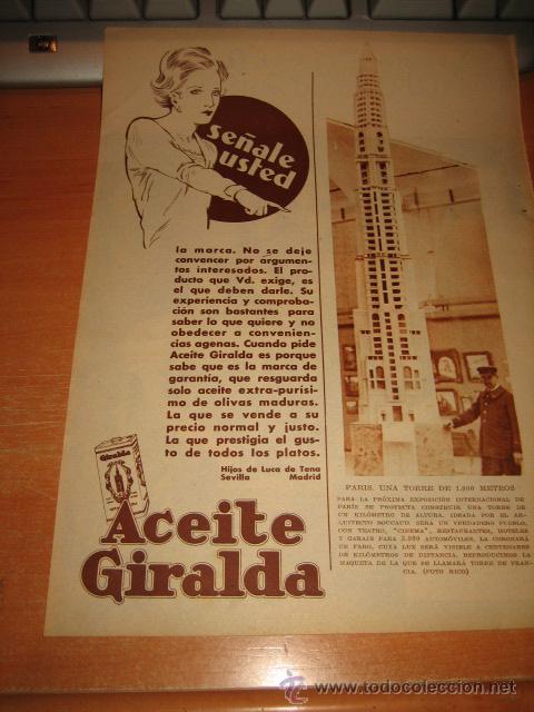Collection Magazines and Newspapers: ACEITE GIRALDA PUBLICIDAD HOJA  DE REVISTA BLANCO Y NEGRO  1933