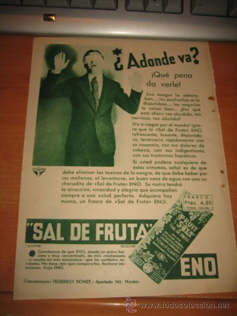 Collection Magazines and Newspapers: SAL DE FRUTA HENO PUBLICIDAD  HOJA  DE REVISTA BLANCO Y NEGRO  1933