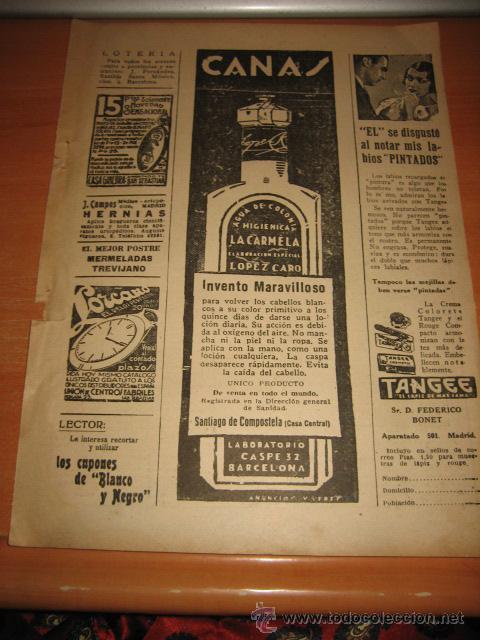 Collection Magazines and Newspapers: AGUA DE COLONIA HIGIENICA LA CARMELA CONTRA LAS CANAS PUBLICIDAHOJA  DE REVISTA BLANCO Y NEGRO  1933