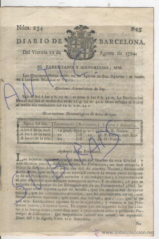 Collection Magazines and Newspapers: DIARIO DE BARCELONA.A&Ntilde;O 1794.CULLERA.ROSAS.VINAROZ.BURRIANA.MAO.SANT FELIU DE GUIXOLS.RELOX INGLES.