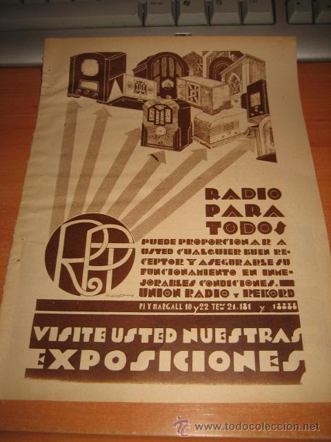 Collezionismo di Riviste e Giornali: UNION RADIO Y REKORD PI Y MARGALL RADIO PARA TODOS HOJA DE LA REVISTA BLANCO Y NEGRO 1934