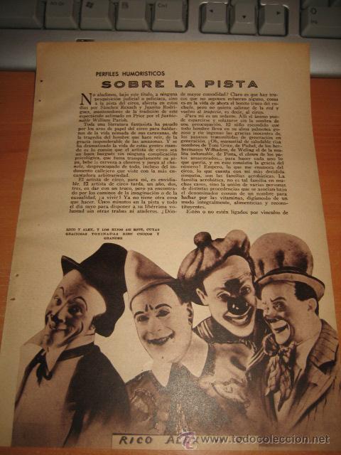 Collezionismo di Riviste e Giornali: LOS PAYASOS RICO ALEX Y CO SOBRE LA PISTA HOJA DE LA REVISTA BLANCO Y NEGRO 1934