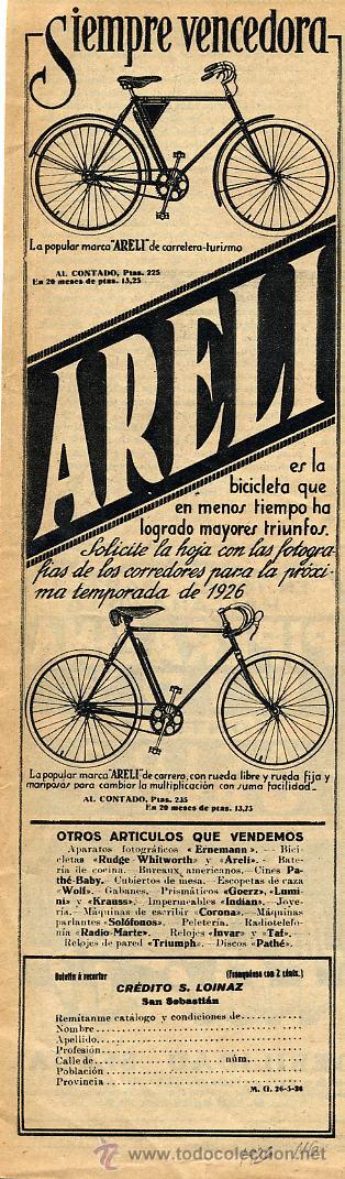 Coleccionismo de revistas y peri&oacute;dicos: CICLISMO 1926 BICICLETAS ARELI SAN SEBASTIAN RETAL HOJA REVISTA