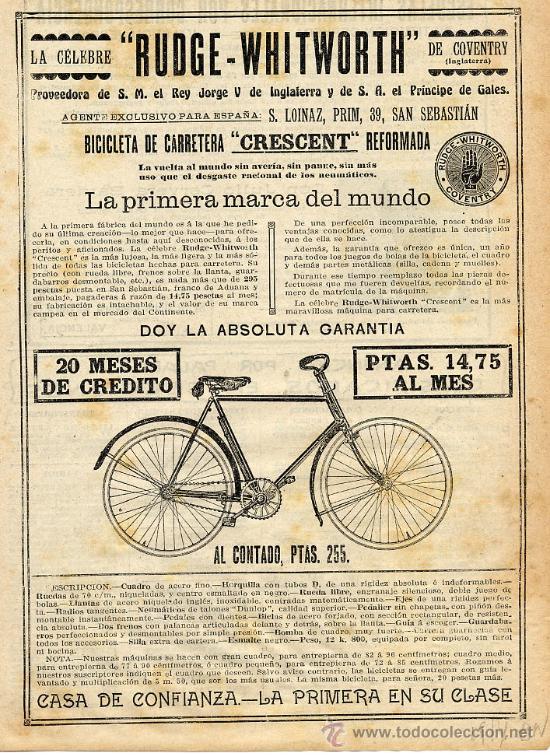 Coleccionismo de revistas y peri&oacute;dicos: CICLISMO 1914 BICICLETA RUDGE-WHITWORTH HOJA REVISTA
