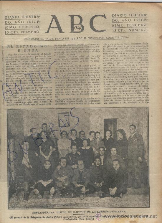 Coleccionismo de Revistas y Peri&oacute;dicos: ABC A&Ntilde;O 1938 GUERRA CIVIL CORDOBA SORTEO DE LOTERIA DE NAVIDAD EN SANTANDER GENERAL MILLAN ASTRAY