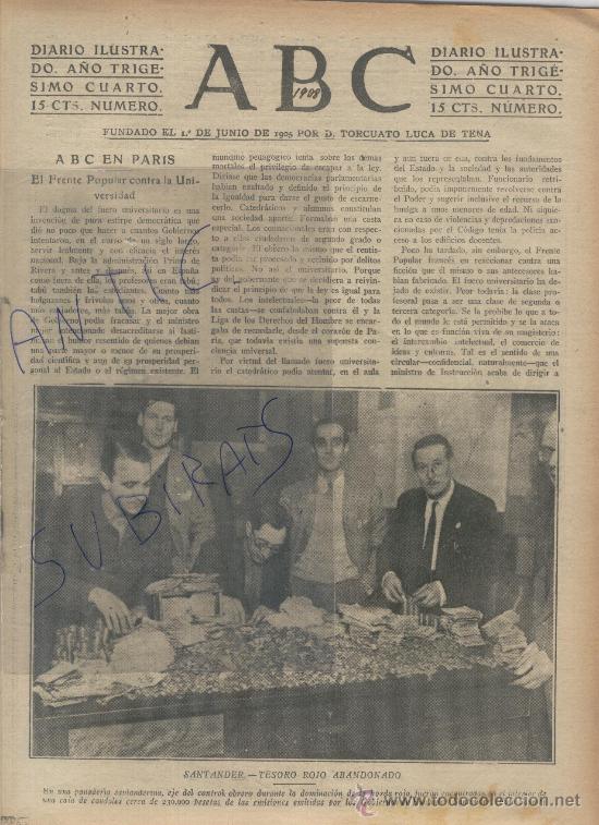 Coleccionismo de Revistas y Peri&oacute;dicos: ABC.A&Ntilde;O 1938.GUERRA CIVIL.MONEDAS GOBIERNO DE EUZKADI Y SANTANDER.SANTANDER. CAIDOS. ALFONSO PEREZ