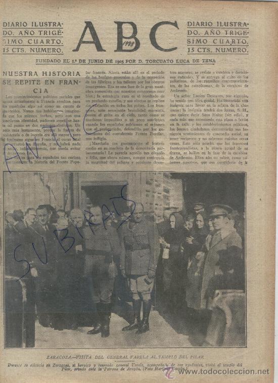 Coleccionismo de Revistas y Peri&oacute;dicos: ABC.A&Ntilde;O 1938.GUERRA CIVIL.GENERAL VARELA EN EL PILAR DE ZARAGOZA.FUTBOL. LA SELECCION NACIONAL.