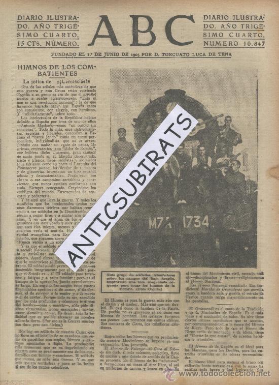 Coleccionismo de revistas y peri&oacute;dicos: ABC.A&Ntilde;O 1938.BANDA MUSICAL .GUERRA CIVIL.BAJO ARAGON.TERUEL.LOCOMOTORA.TREN.CO&Ntilde;AC.DOMECQ.