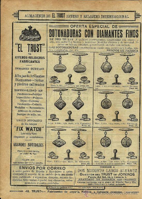 Coleccionismo de Revistas y Peri&oacute;dicos: Publicidad  El Trust de Joyeros: botonaduras con diamantes finos  - 1914