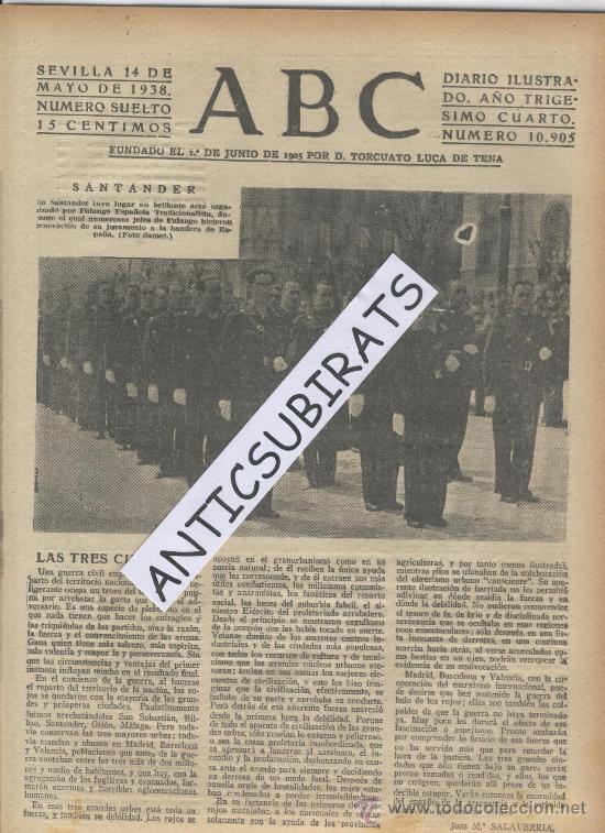 Coleccionismo de Revistas y Peri&oacute;dicos: ABC.14-05-1938.GUERRA CIVIL.BANDO FASCISTA.LA FALANGE EN SANTANDER.CACERES.POLVOS CALBER.S.SEBASTIAN