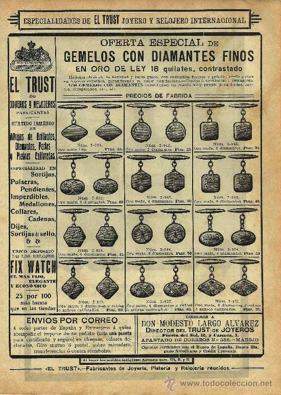 Coleccionismo de Revistas y Peri&oacute;dicos: Publicidad gemelos con diamantes de Trust Joyeros - 1914