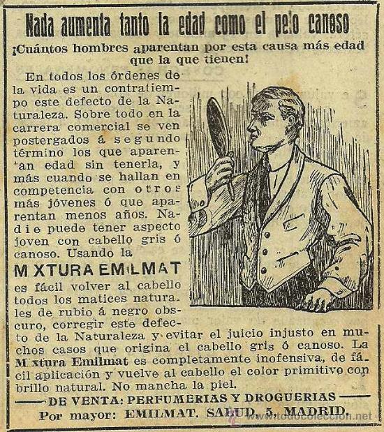 Coleccionismo de revistas y peri&oacute;dicos: Publicidad cosm&eacute;tica: Mixtura Emilmat para las canas - 1914
