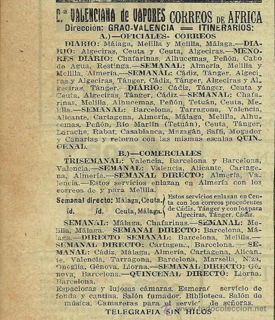 Collectionnisme de Revues et Journaux: * L&Iacute;NEAS DE NAVEGACI&Oacute;N * Publicidad Correos de &Aacute;frica de Compa&ntilde;&iacute;a Valenciana de Vapores  - 1914