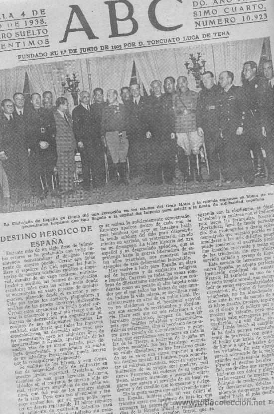 Coleccionismo de revistas y peri&oacute;dicos: ABC.04-06-1938.GUERRA CIVIL. LA EMBAJADA DE ESPA&Ntilde;A EN ROMA. GRAN HOTEL. FALAGE ESPA&Ntilde;OLA.EXTERIOR.