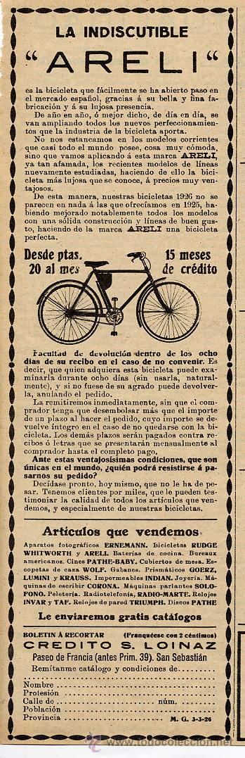 Coleccionismo de revistas y peri&oacute;dicos: CICLISMO 1926 BICICLETAS ARELI SAN SEBASTIAN RETAL HOJA REVISTA