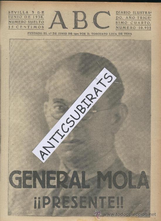 Coleccionismo de revistas y peri&oacute;dicos: ABC.03-06-1938. GUERRA CIVIL. GENERAL MOLA. PUBLICIDAD. INSECTICIDA.DE SEVILLA.MOSKIT.