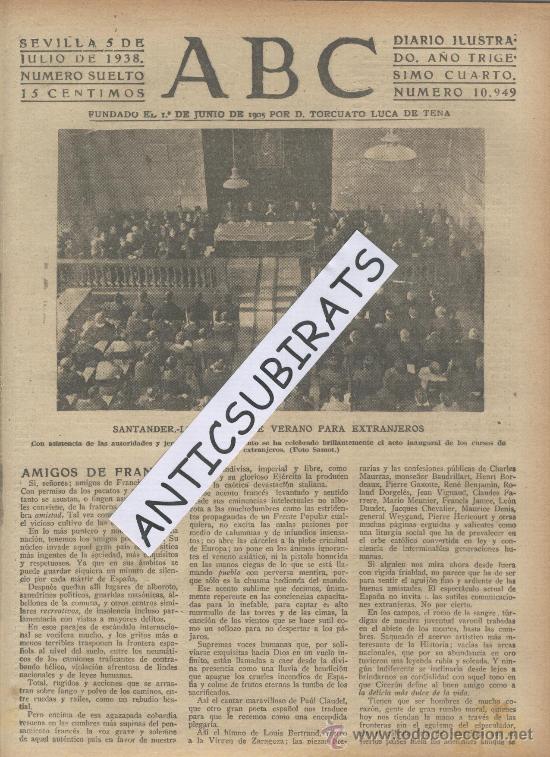Coleccionismo de revistas y peri&oacute;dicos: ABC.05-07-1938.CURSOS DE VERANO EN SANTANDER.PUBLICIDAD.CABALLERO.EL CO&Ntilde;AC DEL TRIUMFO.BRANDY.