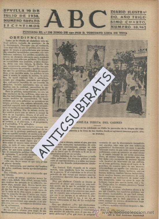 Coleccionismo de Revistas y Peri&oacute;dicos: ABC.20-07-1938. GUERRA CIVIL. FIESTA DEL CARMEN EN CADIZ.CORRIDA DE TOROS PARA LA AVIACION. SEVILLA.