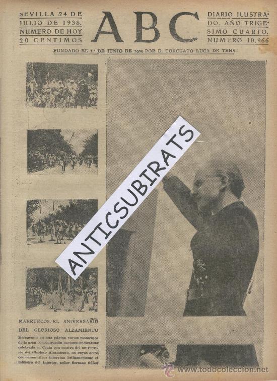 Coleccionismo de revistas y peri&oacute;dicos: ABC.24-07-1938.GUERRA CIVIL.PORTADA SUELTA DE ESTE PERIODICO.MARRUECOS. ALZAMIENTO.CEUTA.ANIVERSARIO