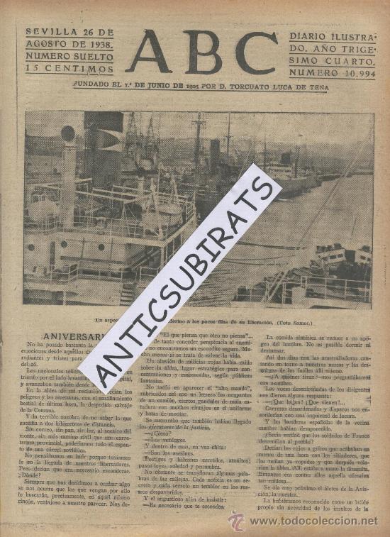 Coleccionismo de revistas y peri&oacute;dicos: ABC.26-08-1938.GUERRA CIVIL. PUERTO DE SANTANDER POCO DESPUES DE LA LIBERACION.