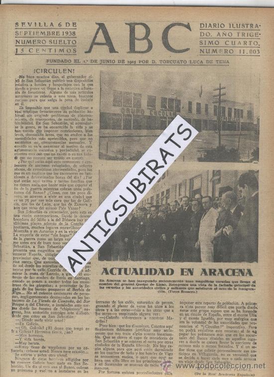 Coleccionismo de Revistas y Peri&oacute;dicos: ABC.06-09-1938.GUERRA CIVIL.INAUGURACION DE ESCUELAS EN ARACENA.TOROS EN EL PUERTO DE SANTA MARIA.