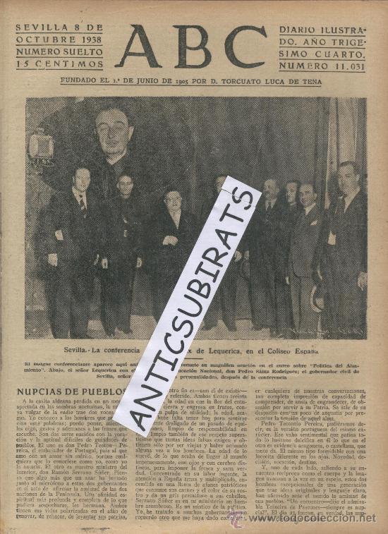 Coleccionismo de Revistas y Peri&oacute;dicos: ABC 1938 GUERRA HOSPITAL DE CORDOBA CIVIL  SEVILLA JOSE FELIX DE LEQUERICA INSTANTINA BAYER
