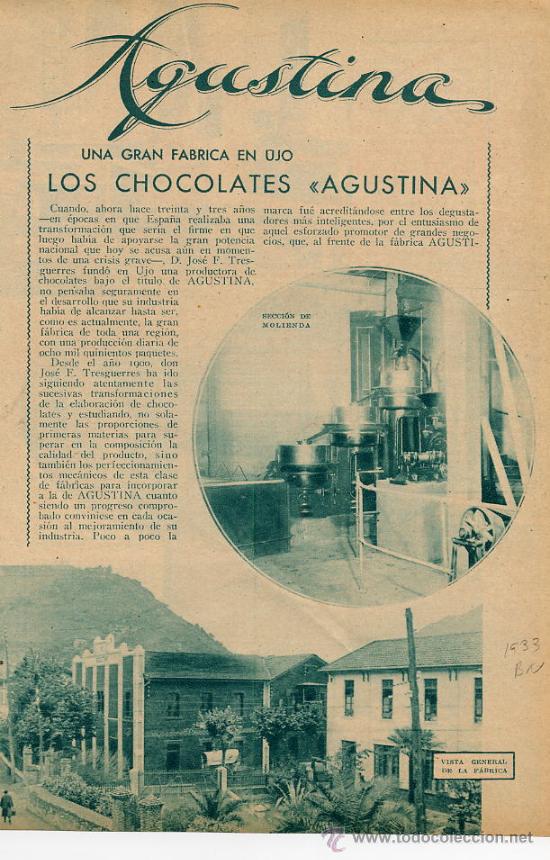 Coleccionismo de revistas y peri&oacute;dicos: UJO 1933 ASTURIAS FABRICA DE CHOCOLATES AGUSTINA HOJA REVISTA