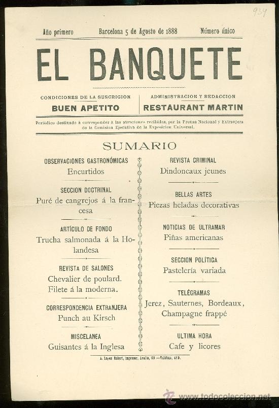 Periódico el banquete, sumario menús restaurant - Comprar 