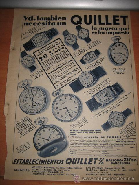 Sammeln von Zeitschriften und Zeitungen: PUBLICIDAD RELOJES QUILLET HOJA DE REVISTA BLANCO Y NEGRO 1934
