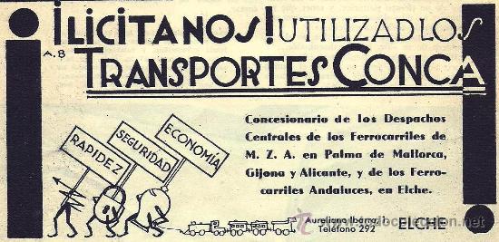 Collezionismo di Riviste e Giornali: * ELCHE * Publicidad transportes Conca - 1935