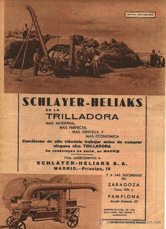 Coleccionismo de revistas y peri&oacute;dicos: Publicidad trilladora Schlayer - Heliaks  - 1935