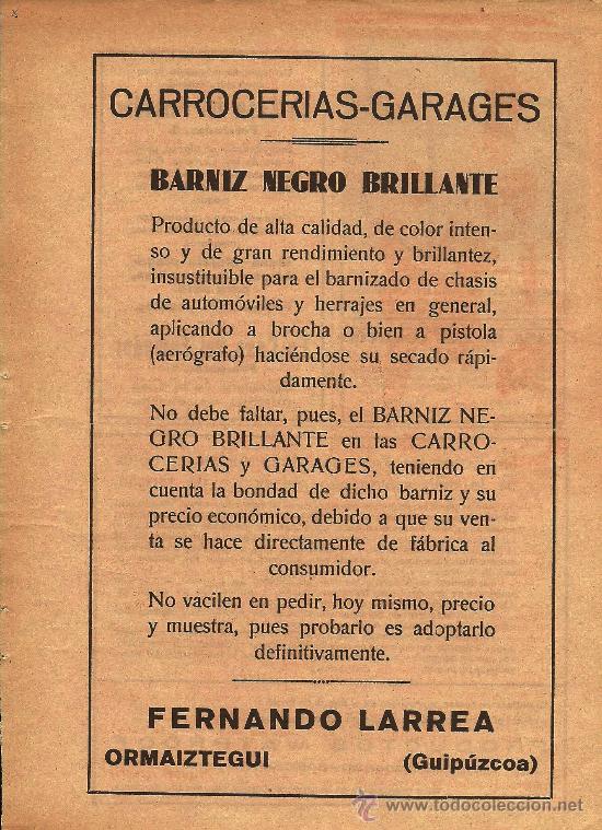 Coleccionismo de revistas y peri&oacute;dicos: Publicidad barniz para carrocer&iacute;as marca Fernando Larrea ( Ormaiztegui, Guip&uacute;zcoa) - 1935