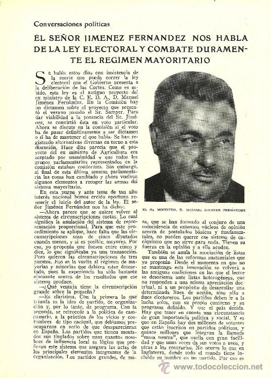 Sammeln von Zeitschriften und Zeitungen: Declaraciones del ex ministro Jim&eacute;nez Fern&aacute;ndez sobre la Ley Electoral * CEDA * - 1935