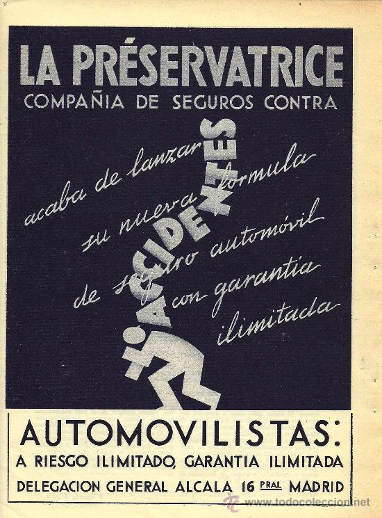 Sammeln von Zeitschriften und Zeitungen: Publicidad Compa&ntilde;&iacute;a de Seguros La Pr&eacute;servatrice para automovilistas - 1935