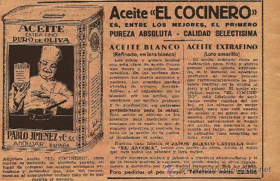 Coleccionismo de revistas y peri&oacute;dicos: Publicidad aceite de oliva El Cocinero - 1935
