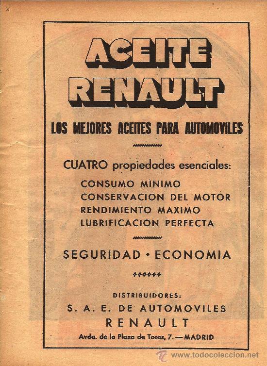 Coleccionismo de revistas y peri&oacute;dicos: Publicidad aceite para autom&oacute;vil Renault - 1935
