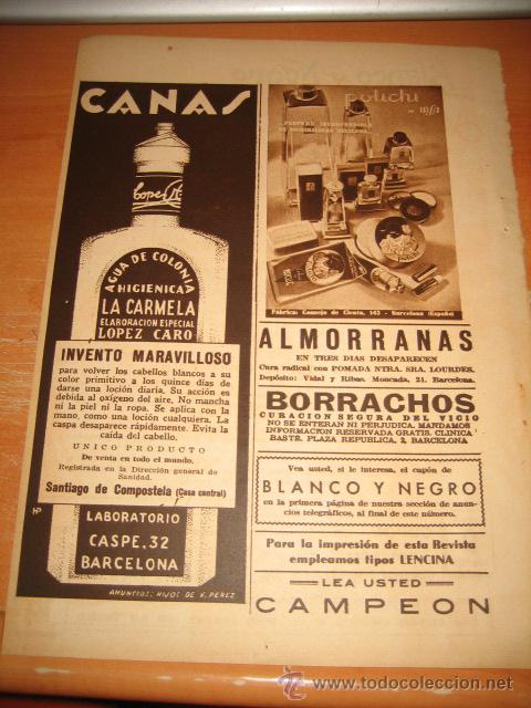 Sammeln von Zeitschriften und Zeitungen: PUBLICIDAD POLICHI DE IBSA.-AGUA DE COLONIA LA CARMELA HOJA  REVISTA BLANCO Y NEGRO  1935