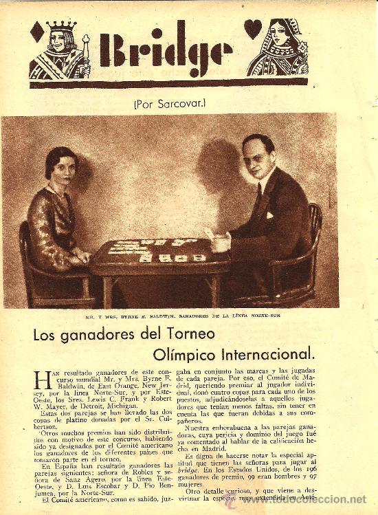 Coleccionismo de Revistas y Peri&oacute;dicos: * BRIDGE * Ganadores del Torneo Ol&iacute;mpico Internacional - 1932