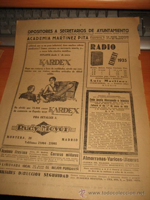 Coleccionismo de revistas y peri&oacute;dicos: PUBLICIDAD VARIADA RADIO KENNEDY.KARDEX HOJA REVISTA ABC DICIEMBRE 1934