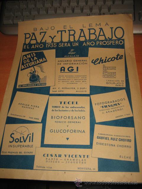 Coleccionismo de Revistas y Peri&oacute;dicos: PUBLICIDADVARIADA ANIS DE LA ASTURIANA.CHICOTE.SOLVIL  MADRID HOJA REVISTA ABC DICIEMBRE 1934
