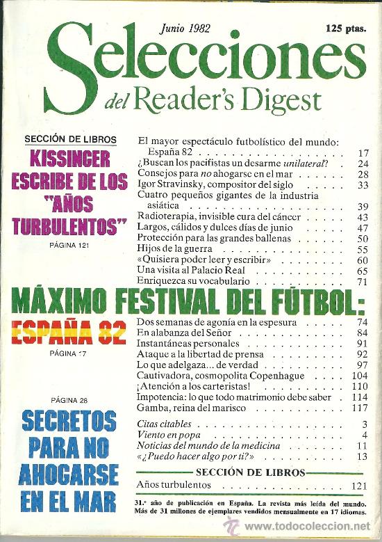 Collezionismo di Riviste e Giornali: Selecciones del Reader &acute;s Digest Junio 1982
