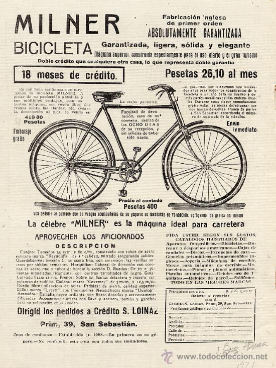Coleccionismo de revistas y peri&oacute;dicos: CICLISMO 1921 BICICLETAS MILNER SAN SEBASTIAN HOJA REVISTA