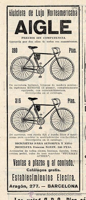 Coleccionismo de revistas y peri&oacute;dicos: CICLISMO 1925 BICICLETAS AIGLE BARCELONA   RETAL HOJA REVISTA
