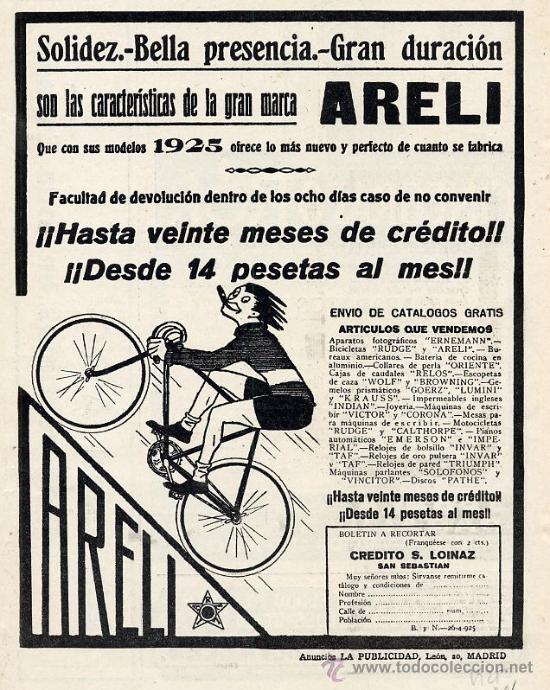 Coleccionismo de revistas y peri&oacute;dicos: CICLISMO 1925 BICICLETAS ARELI SAN SEBASTIAN  HOJA REVISTA